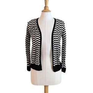 LOFT Lightweight Black & White Wavy Stripe Open Front Cardigan Sweater, XSP